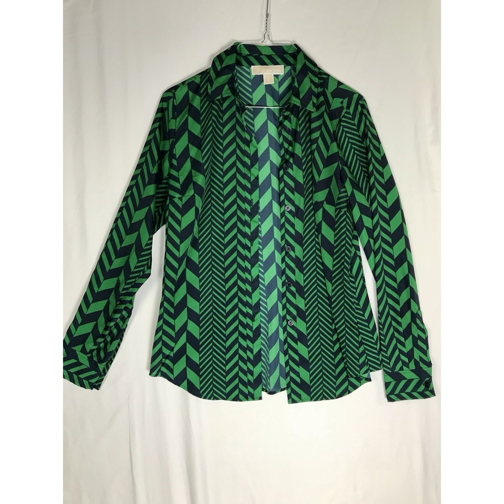 Michael Kors Women's Green & Navy Chevron Print Button-Down Blouse - Size S